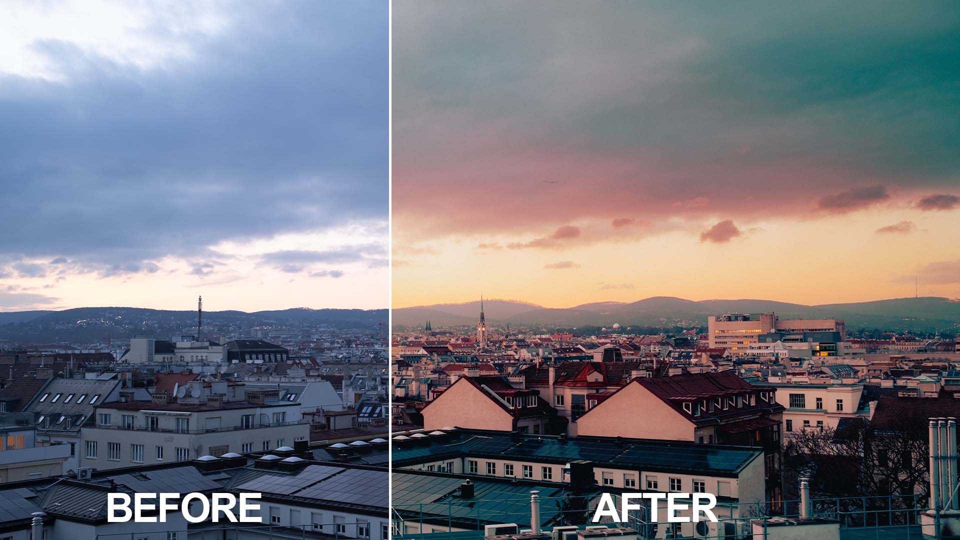 Before and after comparison of edited image showing a sunset vista overlooking Vienna