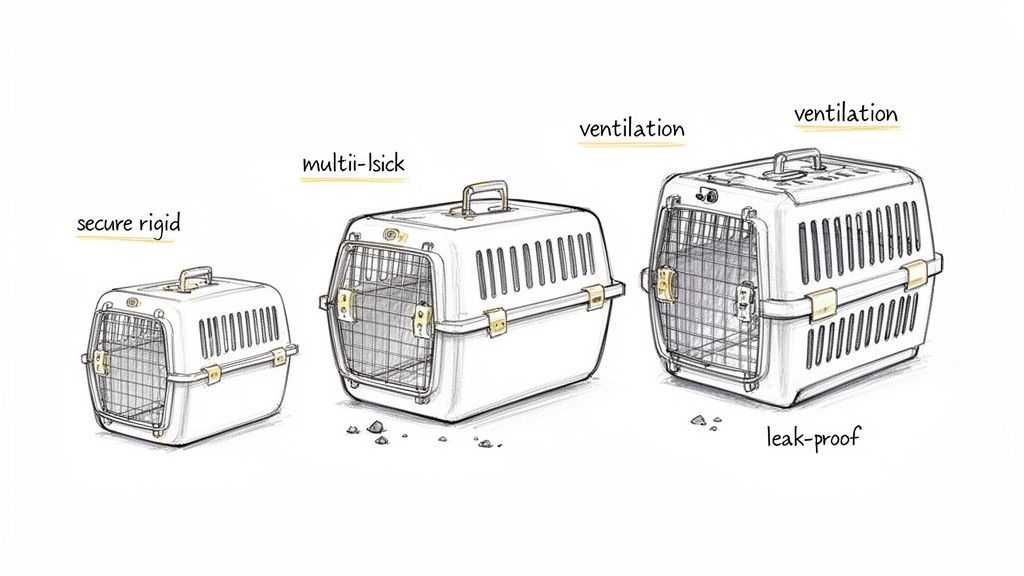 Three white secure rigid pet carriers of different sizes, featuring ventilation and a leak-proof design.