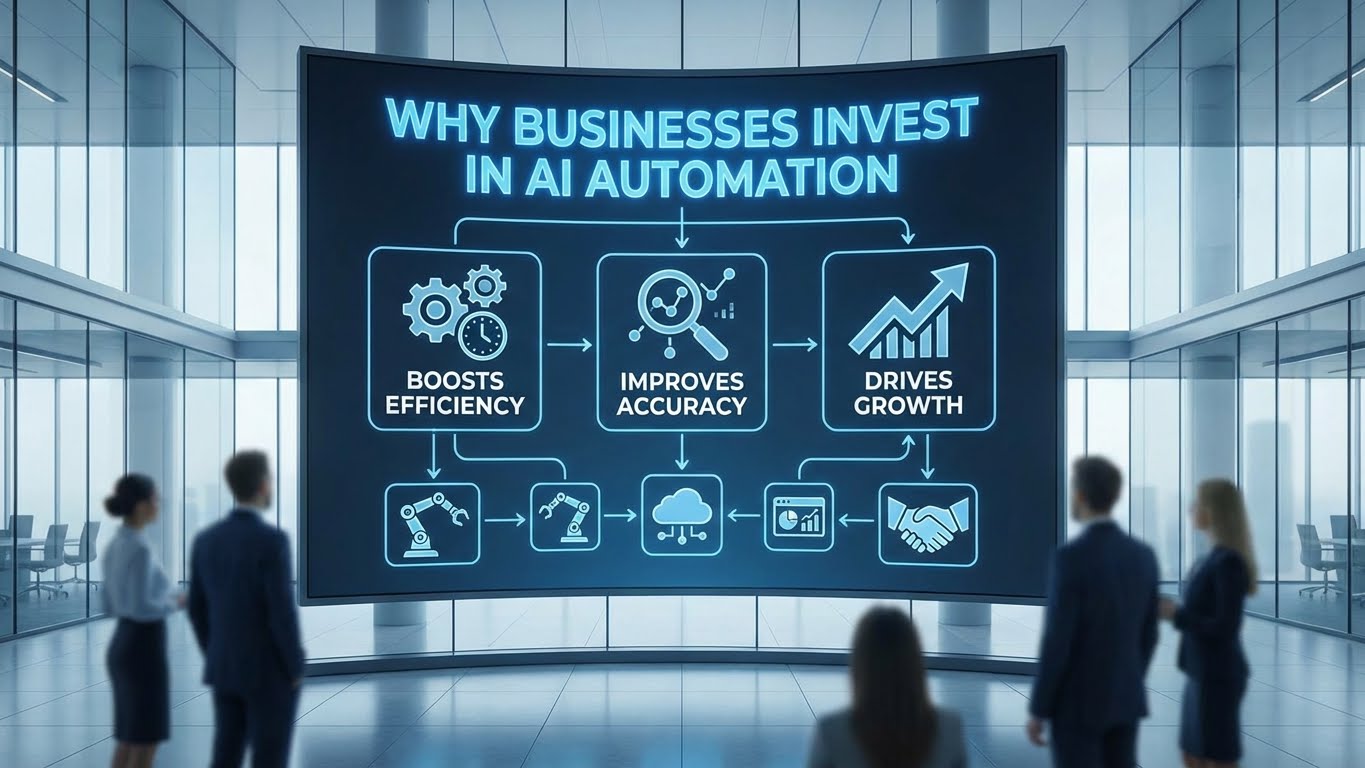 Infographic showing why businesses invest in AI automation to boost efficiency, improve accuracy, and drive growth