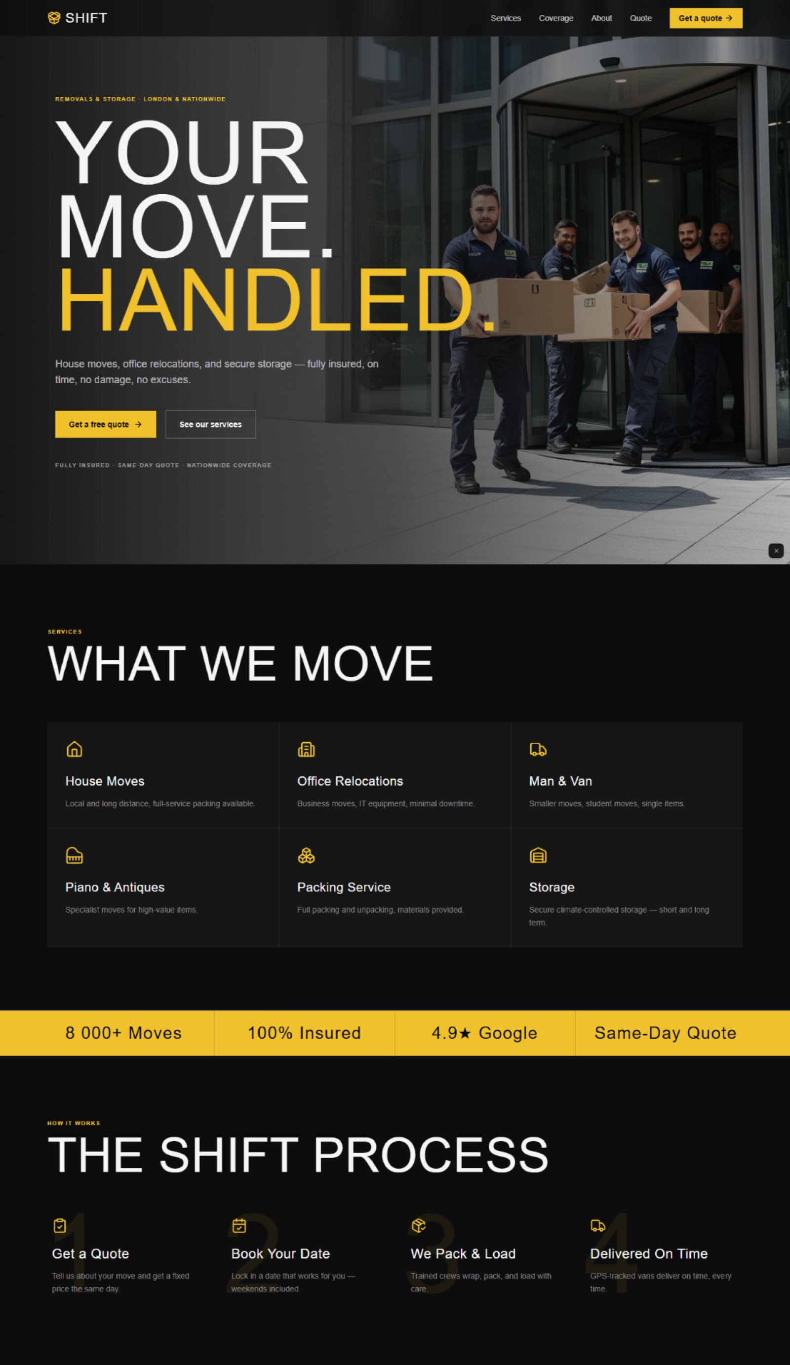 Moving company website prompt — dark near-black and signal yellow removals storage company bold website design preview