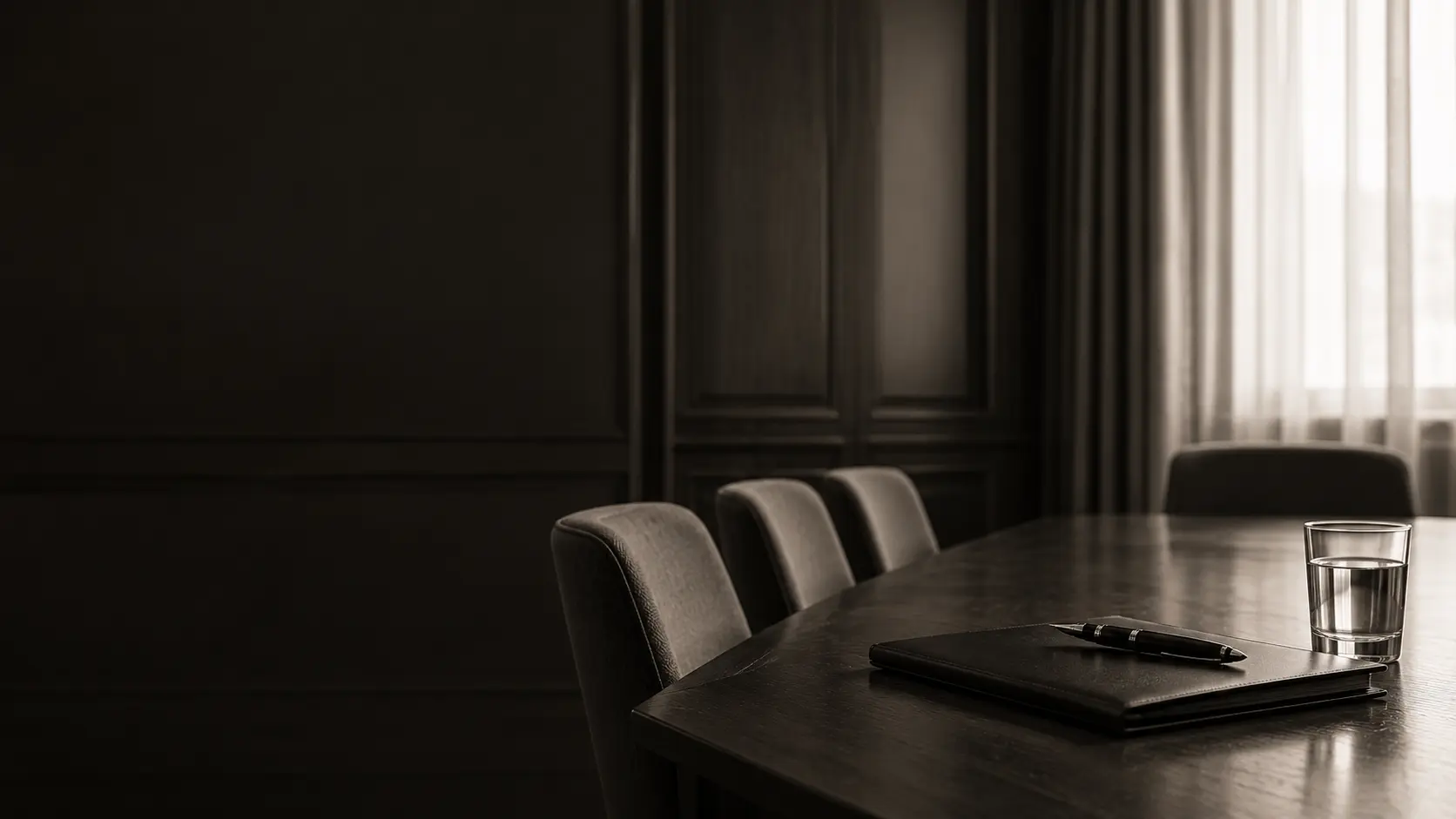 An empty boardroom table with a closed folder, a pen and a glass of water