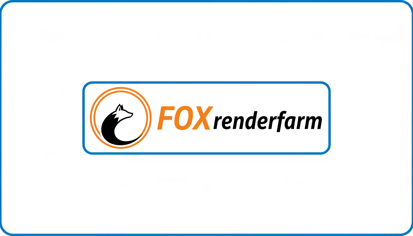 A modern tech company logo, clean vector graphic style. On the left, a circular icon made of a thick, vibrant orange ring with a black, stylized fox tail swoosh filling the bottom-left section. To the right, bold italic sans-serif text: the word "FOX" in uppercase vibrant orange, followed by the word "renderfarm" in lowercase black. The logo is perfectly centered on a white background, inside a rectangle with rounded corners and a thin blue border.