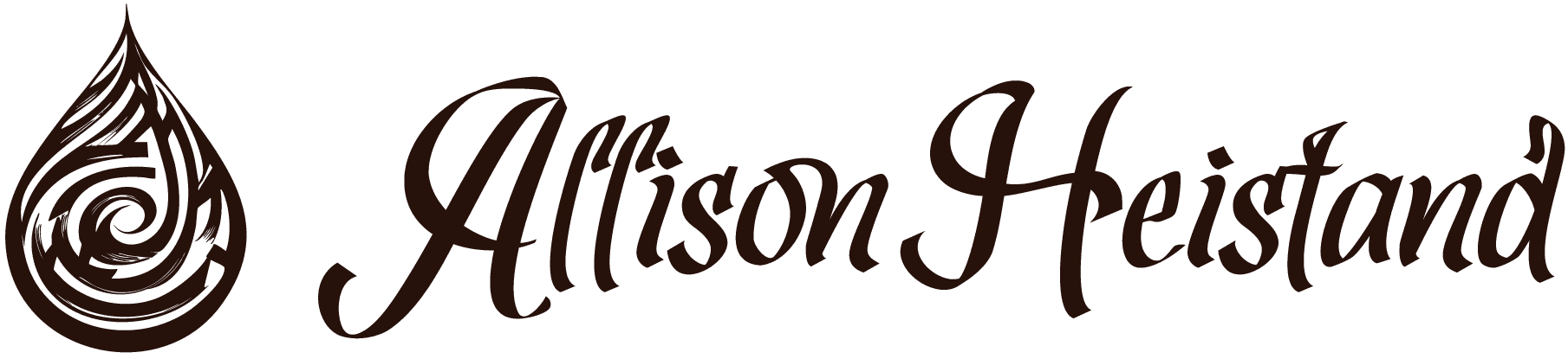 Workmark logo reading "Allison Heistand" with a symbol of a drop of blood with a labyrinth inside it. Dark red.