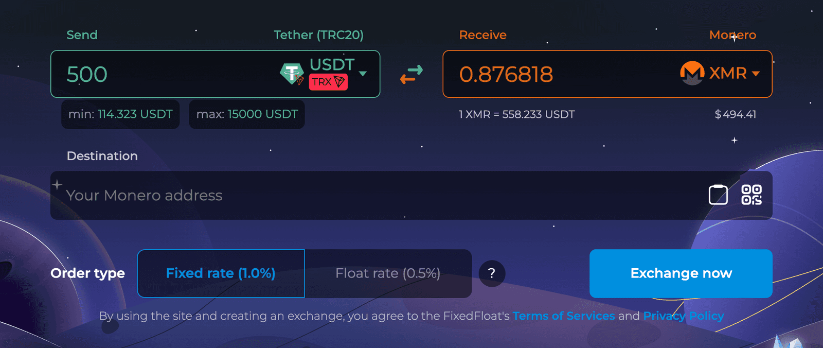 FixedFloat: 500 USDT TRC-20 to 0.876818 XMR at a fixed rate with a 1 percent fee, minimum 114.323 USDT