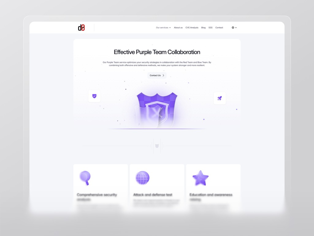 Purple team simulation page from Defendzero site, illustrating collaborative cyber security defense strategies