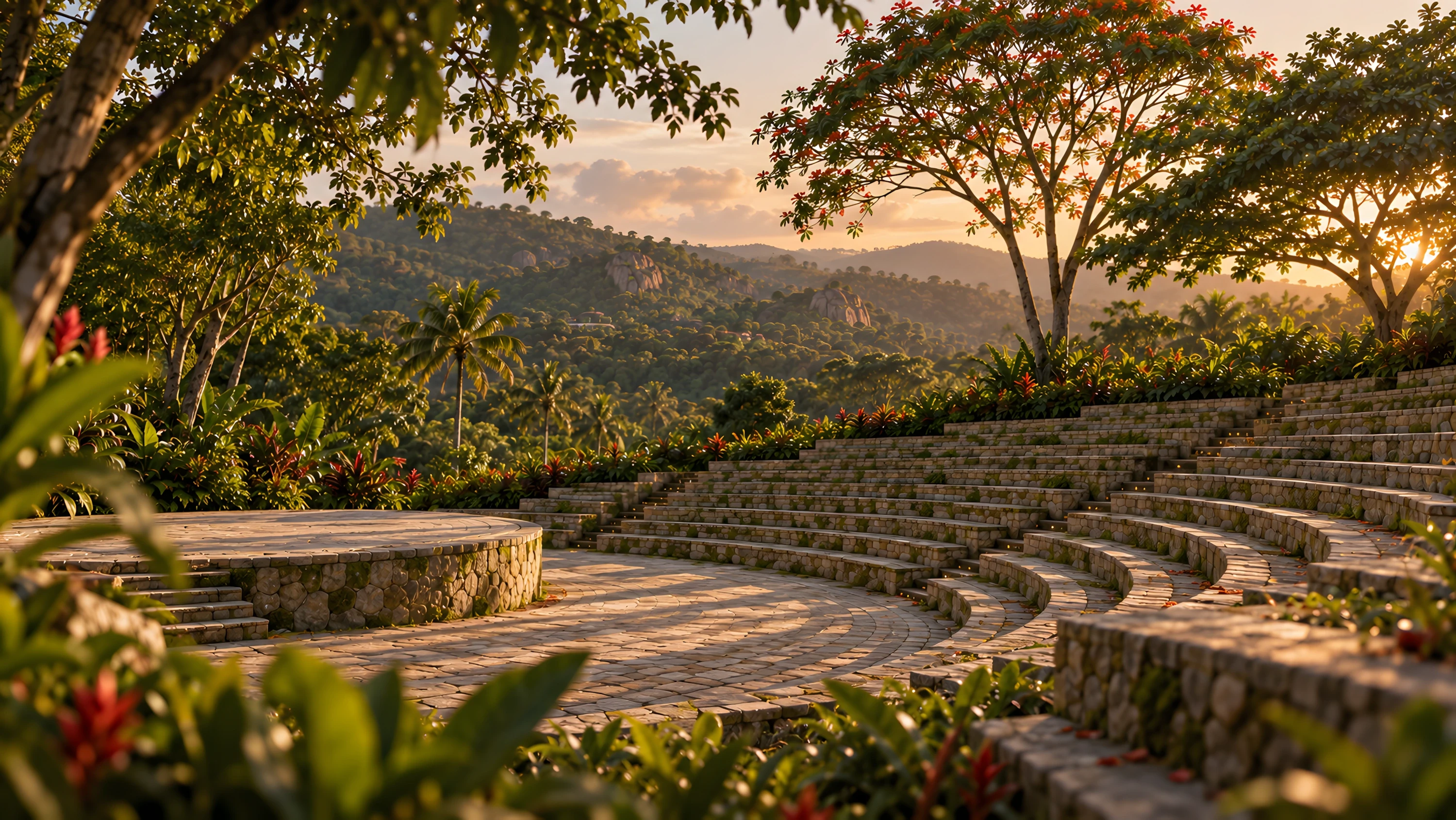 Rendered stone amphitheatre with curved seating tiers at golden hour, overlooking forested hills and flowering tropical planting