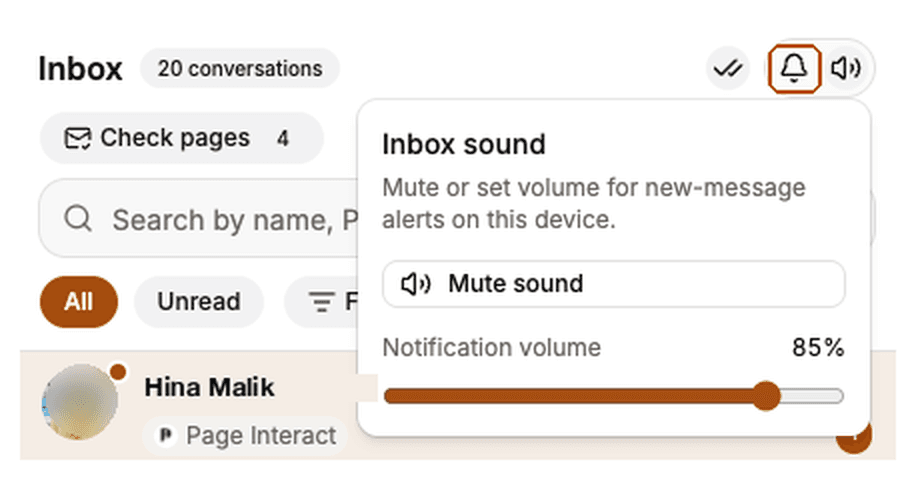 Inbox toolbar with the notification bell highlighted and the Inbox sound popover open showing mute and volume controls.