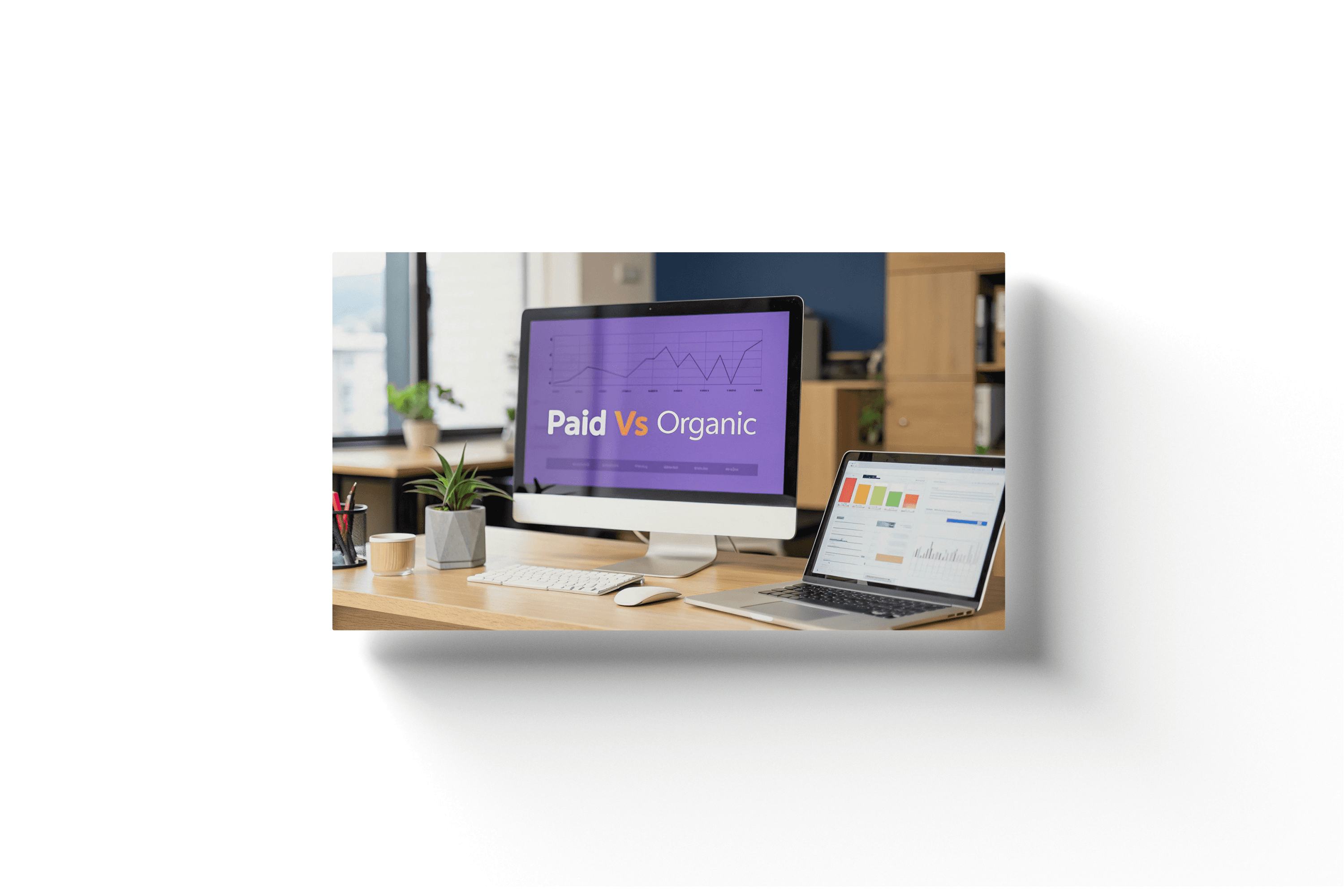 a desktop computer next to a laptop on wooden desk with a purple screen displaying 'paid vs organic'
