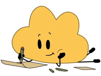 Yellow cloud-like cartoon character writing with a pencil on sheets of paper