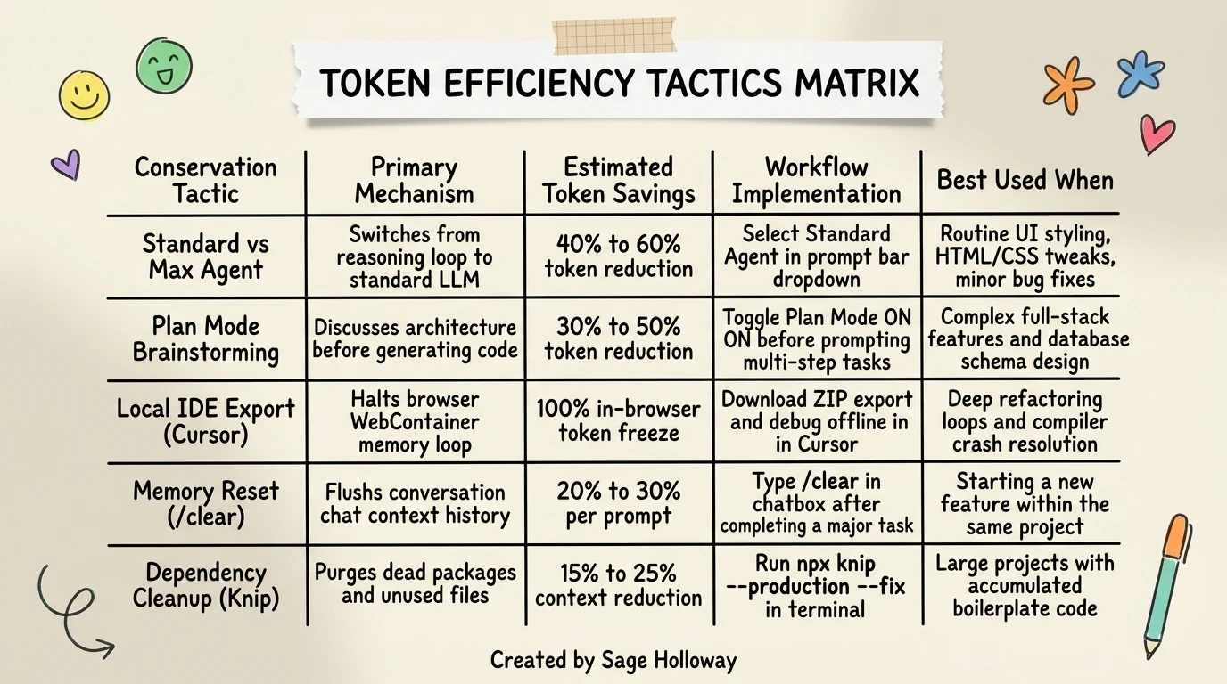 Comparison table of developer token conservation tactics including agent selection Plan mode and local IDE export