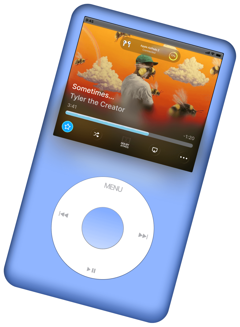 iPod Revive project card showing a device concept render of the reimagined music player with click wheel and modern display