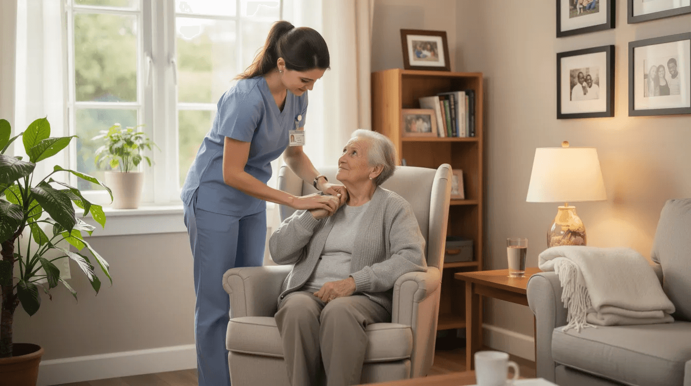 A home health aide is assisting an elderly person with daily activities in a cozy living room, highlighting the importance of long term care services for maintaining quality of life at home. This scene emphasizes the role of care insurance in supporting families facing rising care costs and existing health issues.