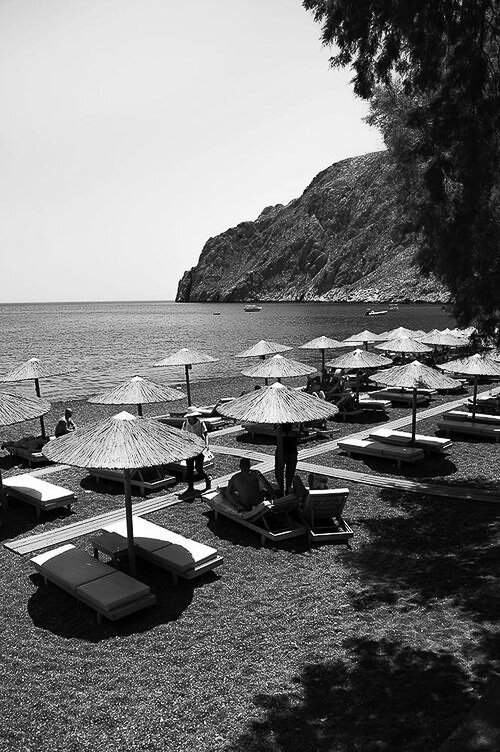 Beachside aircraft viewing Santorini - Aegean Sea volcanic island paradise