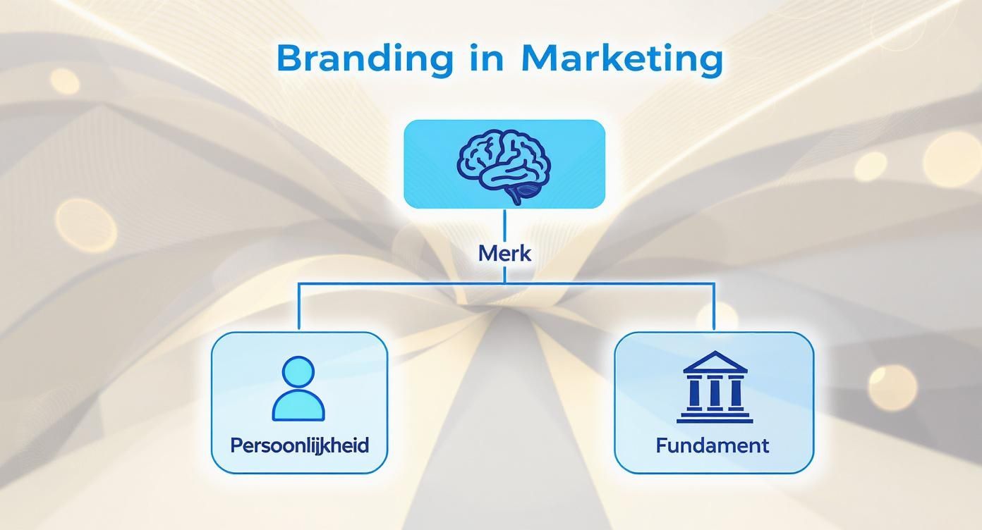 Een diagram getiteld 'Branding in Marketing', met 'Merk' gelinkt aan een brein, en vertakkend naar 'Persoonlijkheid' en 'Fundament'.