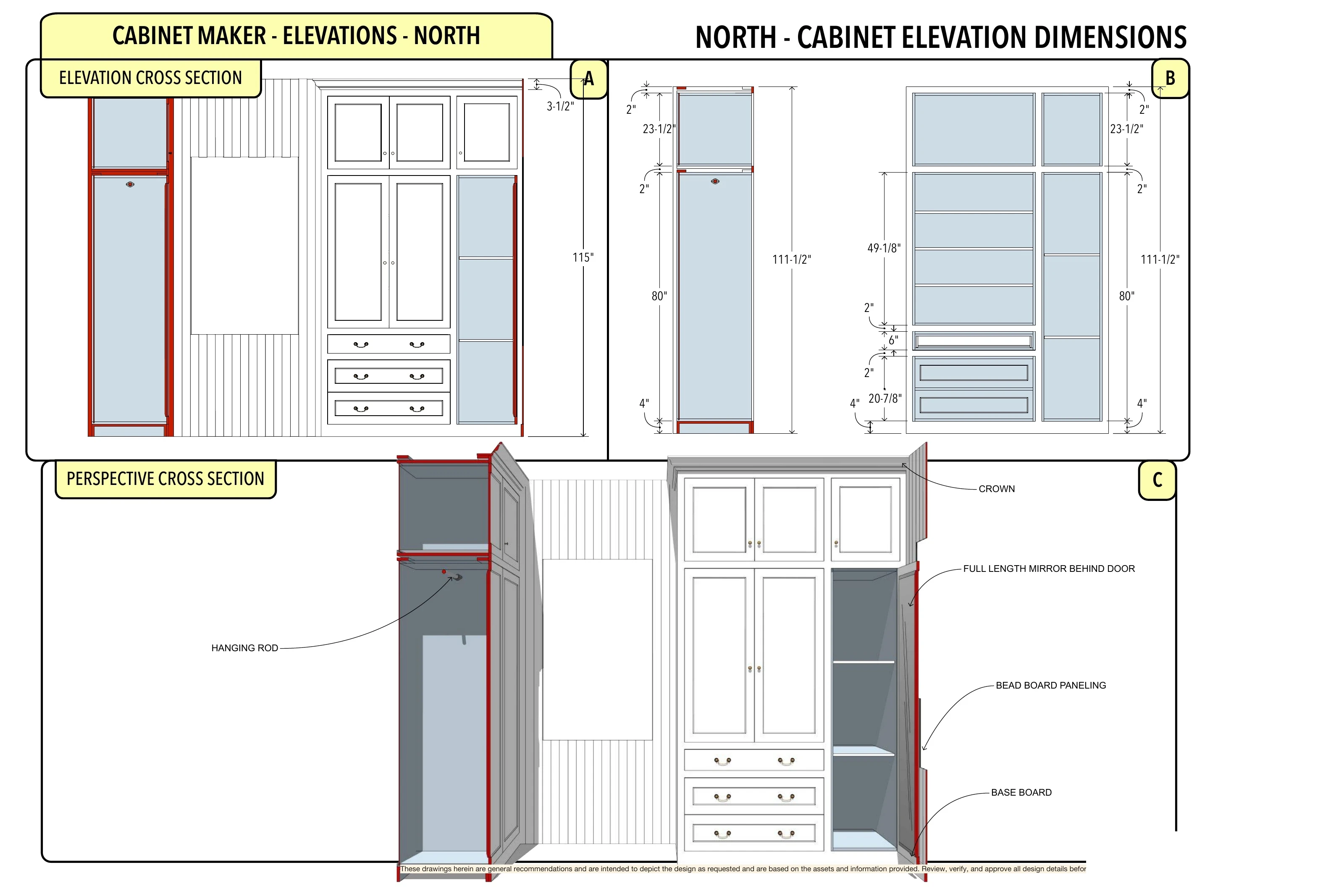 Cabinet-Lined Dressing Room: technical cabinet elevations and interior views.
