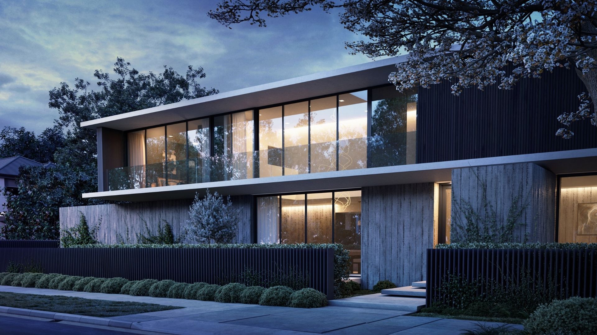 High-quality 3D architectural render of a luxury off-plan residential development at dusk