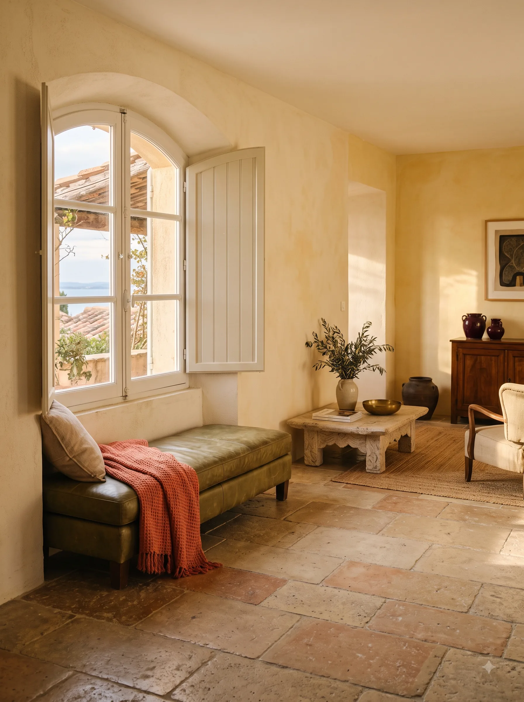 Lichte woonkamer in Spaanse stijl met terracotta vloer en openslaande ramen