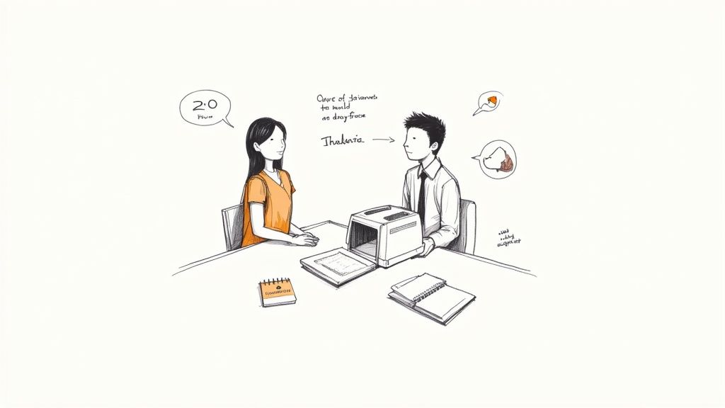 Two cartoon people sit at a table with a toaster, one presenting 'Thalassemia'.