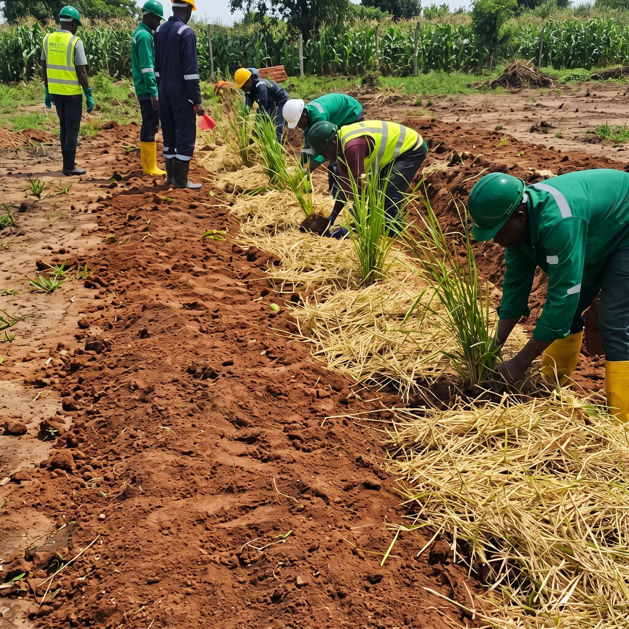 Workers planting grass and laying straw mulch to restore disturbed soil and control erosion.