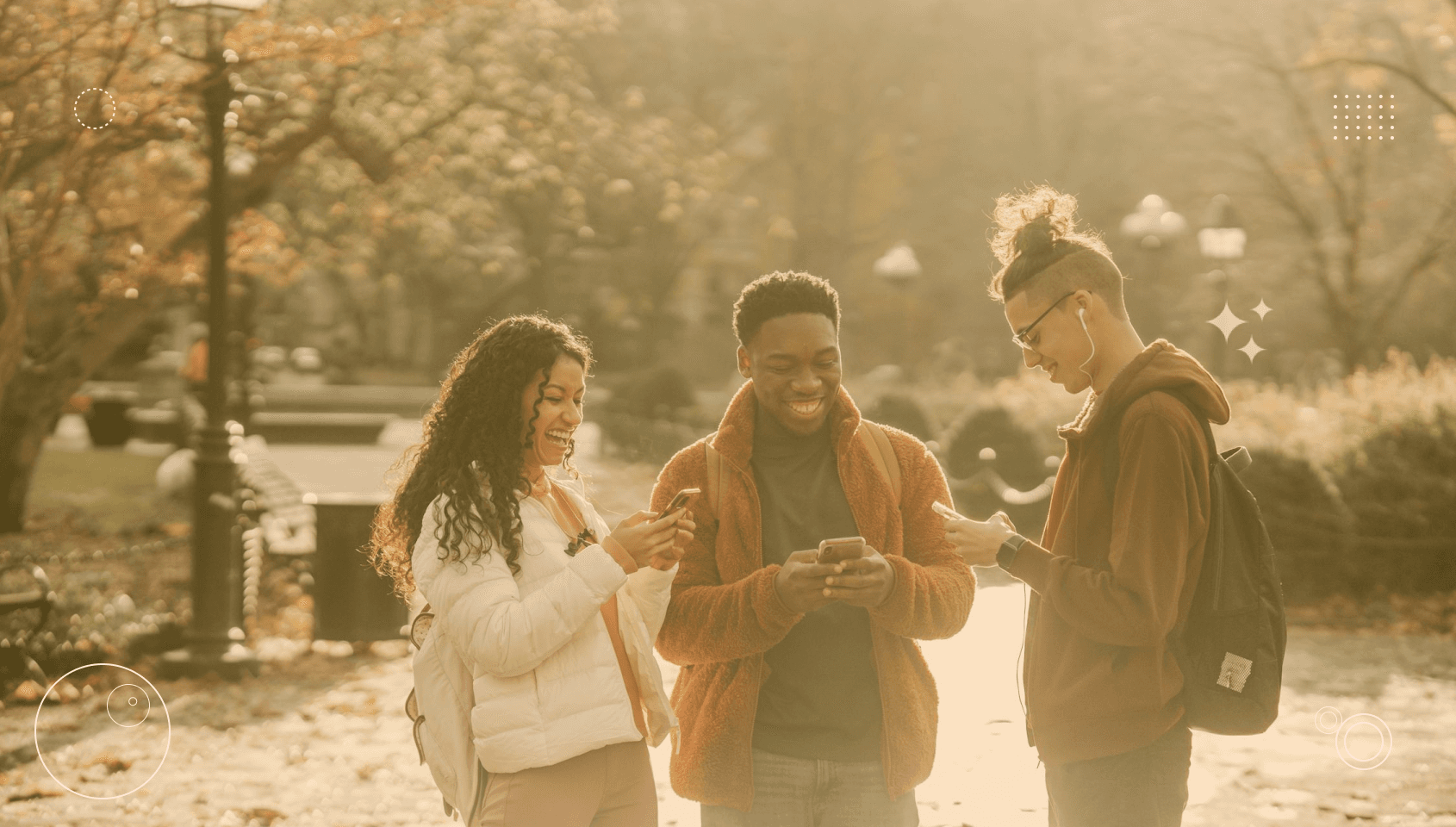 Three people chatting with each other and messaging friends over phone.
