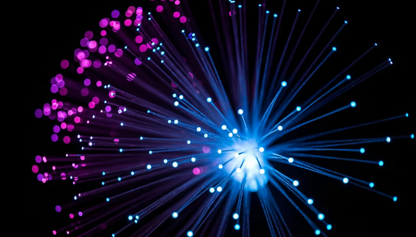 Macro DSLR photograph of a bundle of glowing fiber optic cables radiating outwards against a pure black background. Each strand terminates in a bright, glowing sphere of electric blue light, with some background fibers creating soft magenta and purple bokeh effects. Cinematic contrast lighting, shallow depth of field, sharp focus on the central cluster.