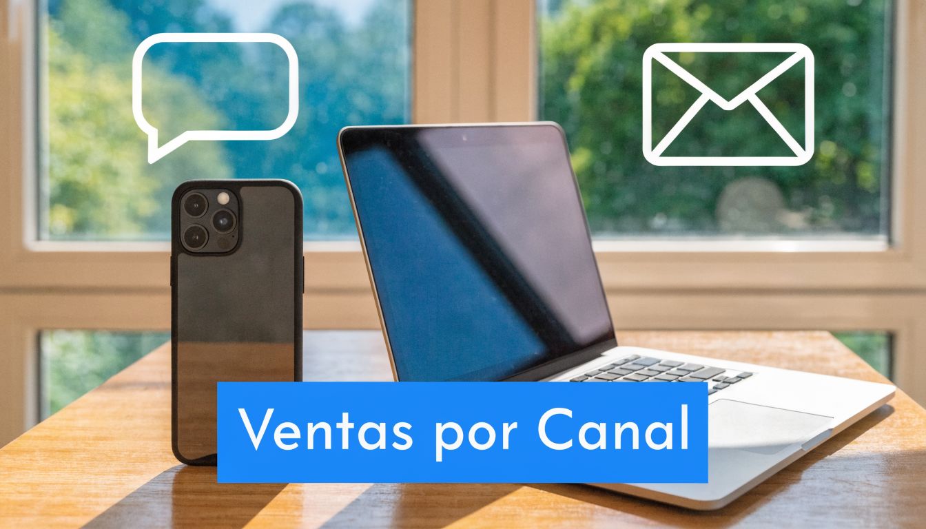 Un teléfono móvil y una computadora portátil sobre una mesa con iconos de comunicación, representando ventas por canal.