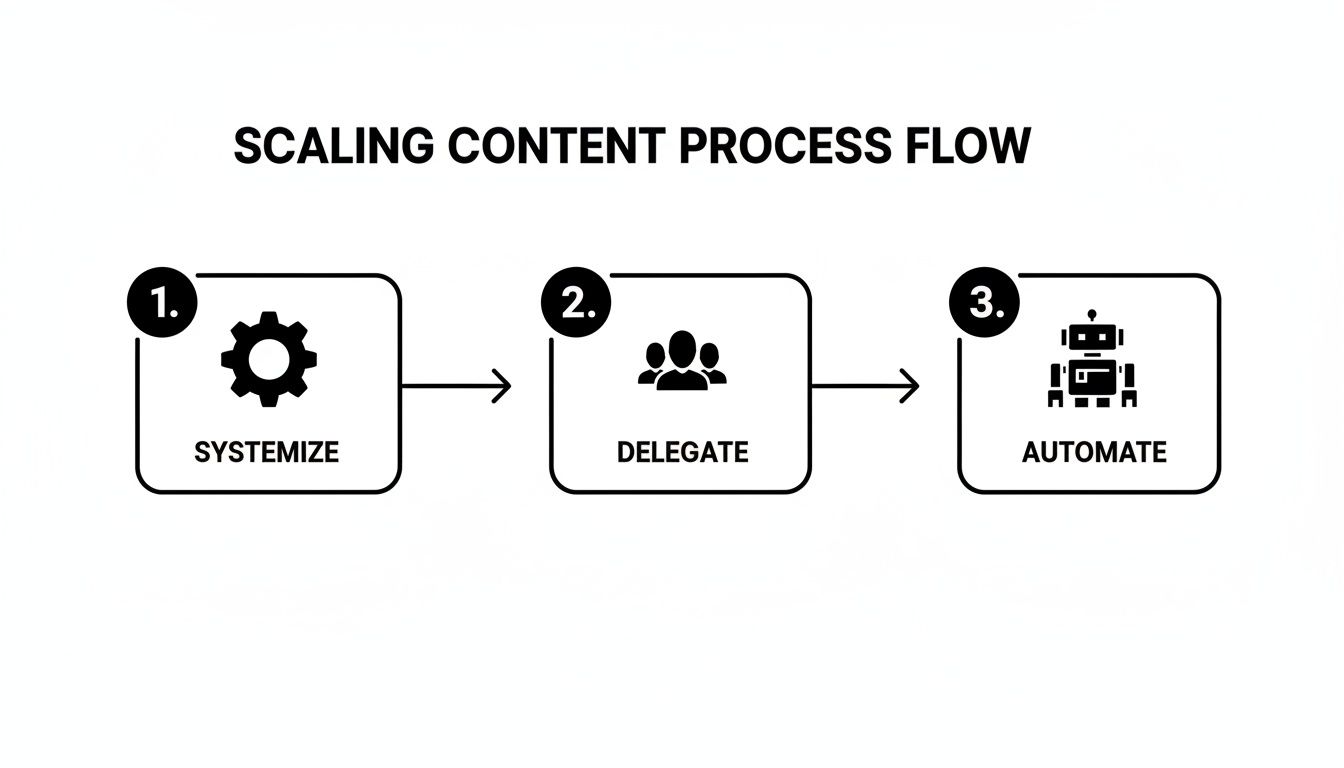 A three-step process flow showing how to scale content creation: Systemize, Delegate, Automate.