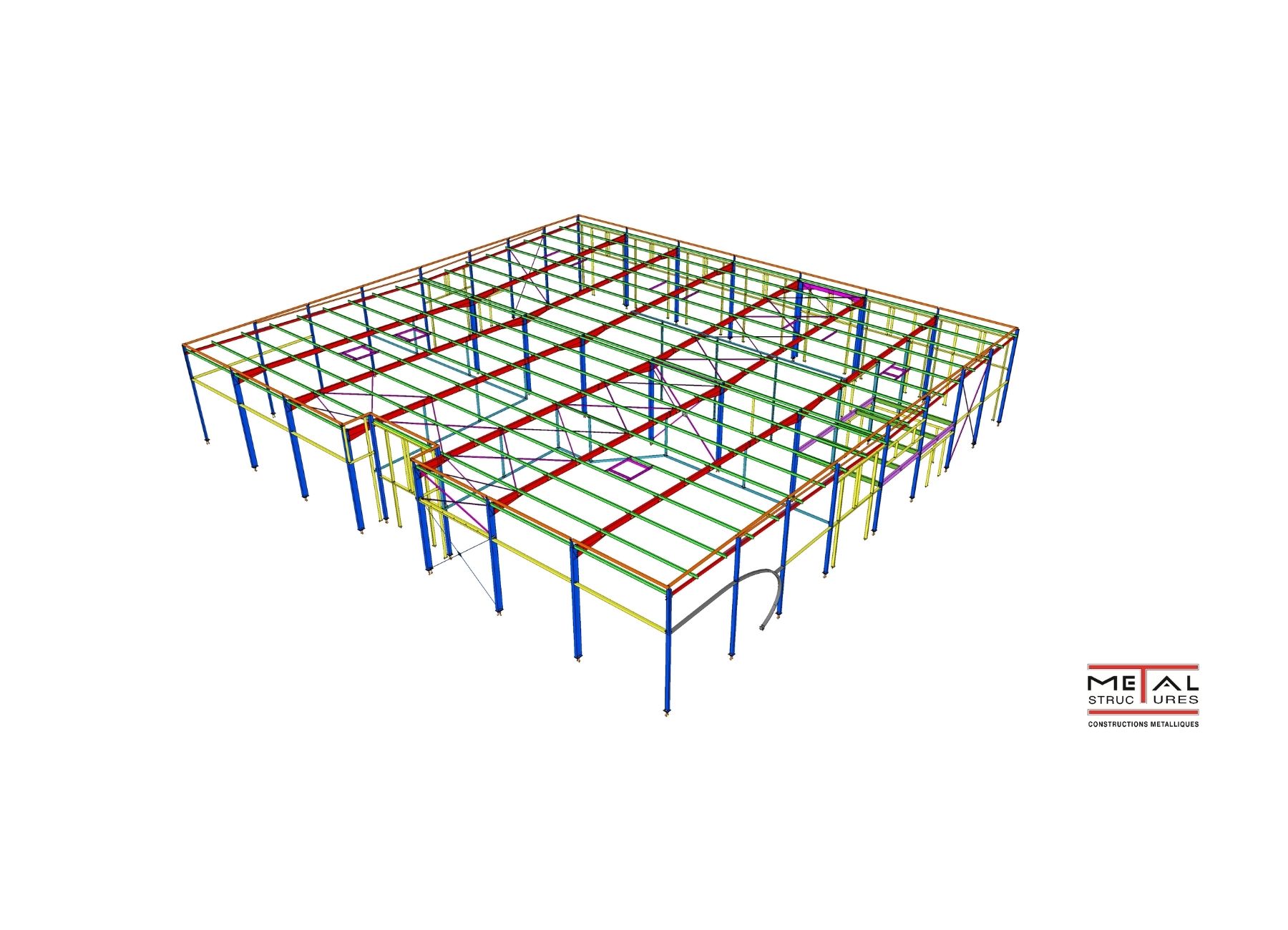 Modélisation technique 3D de la structure métallique du bâtiment avec code couleur par élément.