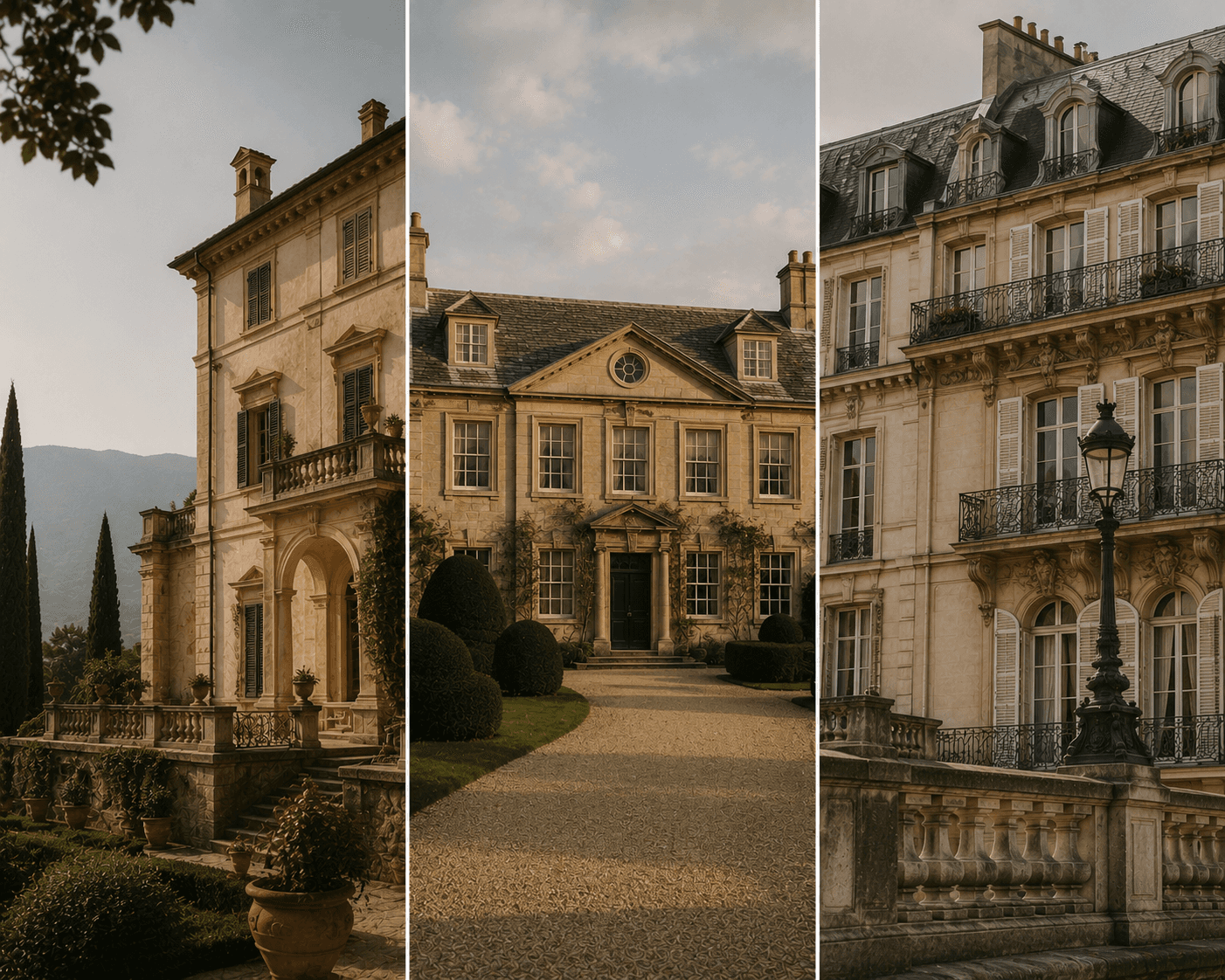 A three-panel architectural collage highlighting luxury European historic estates. The left panel shows an Italian lakeside villa with stone terraces, balustrades, and shutters overlooking distant mountains. The middle panel features an English country estate facade with symmetrical sash windows, manicured lawn topiary, and a central gravel driveway leading to a classical portico entrance. The right panel captures an ornate Haussmann-style Parisian building with wrought-iron balconies and a decorative street lamp along a stone balustrade.