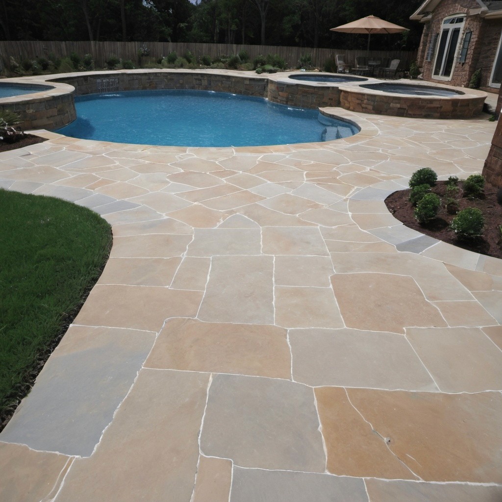 Luxury flagstone pool deck with calcium stains