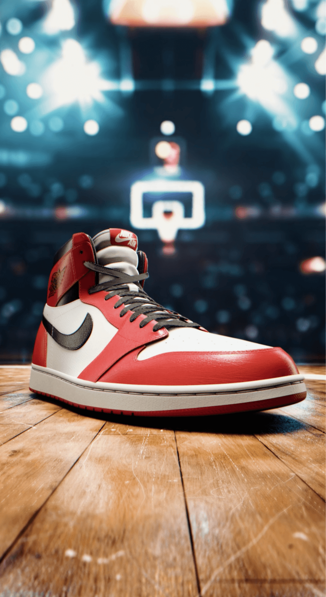A high-detail Air Jordan 1 "Chicago" sits on a polished wooden basketball court