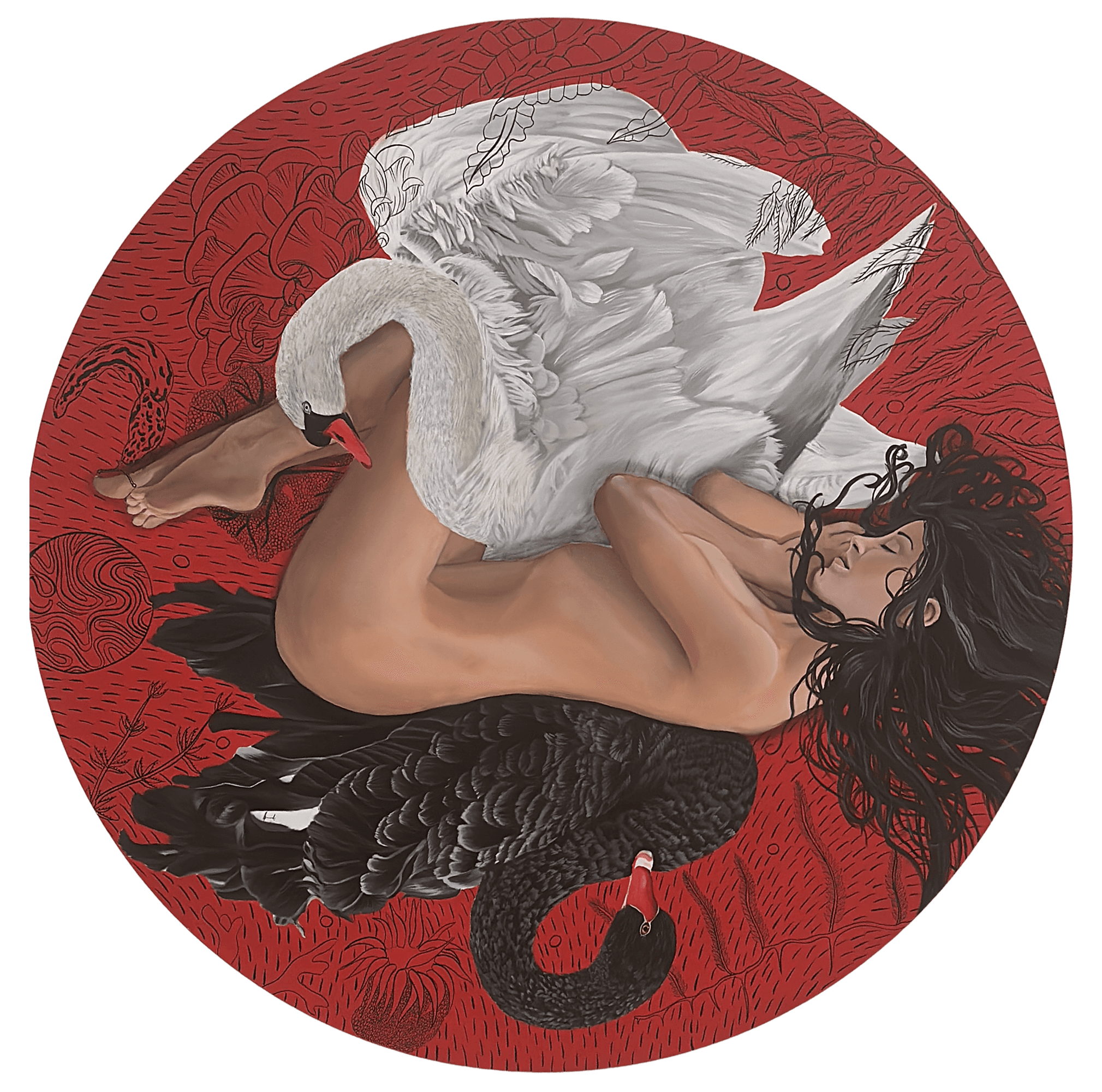 A circular painting of a nude woman entwined with a white swan and a black swan, their wings enveloping her body against a vivid red background etched with surreal patterns.