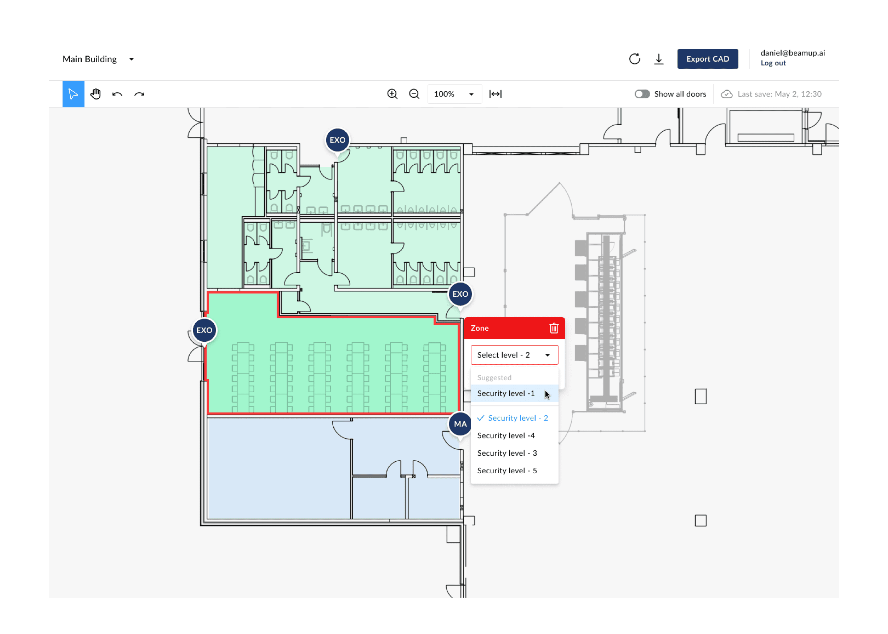 A browser window showing a floor plan inside a security design tool with a selected zone that has an error that's being fixed