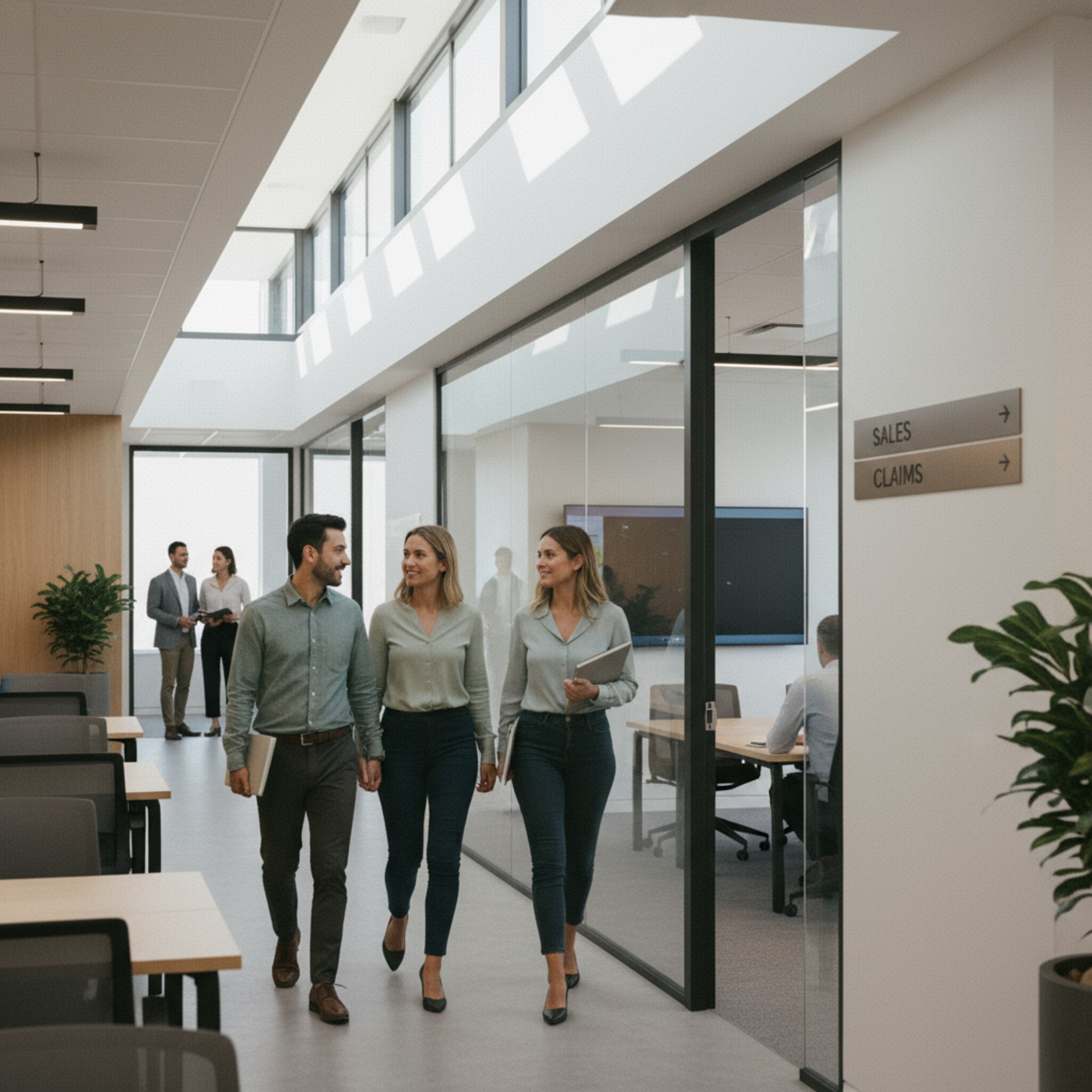 Ein heller Flur mit Blick auf mehrere Teamzonen, an der Wand eine klare Wegbeschilderung zu Vertrieb und Schadenregulierung. Mitarbeitende gehen in kleinen Gruppen aneinander vorbei und tauschen kurze Grüße. Eine ruhige, strukturierte Arbeitsatmosphäre liegt in der Luft.