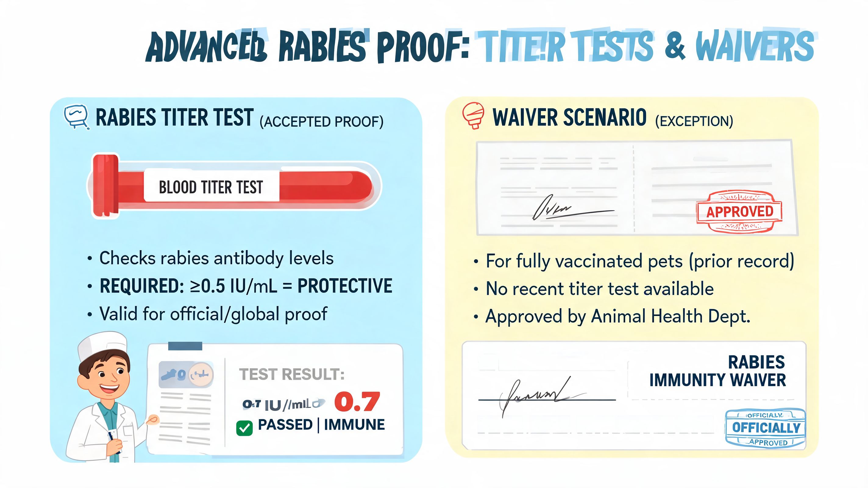 An infographic explaining rabies titer tests and immunity waivers for pets as proof of vaccination status.
