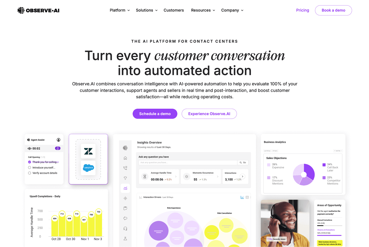 Observe AI homepage: Turn every customer conversation into action