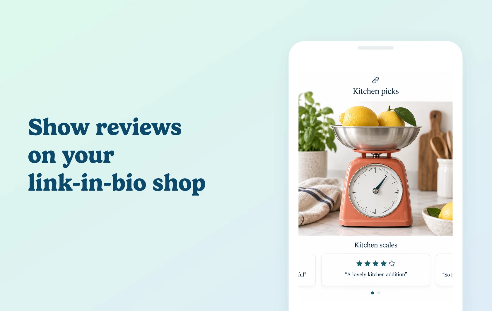 Judge.me and LinkShop integration: illustration of a link-in-bio shop displaying a kitchen scale with a customer-review carousel inside a phone.