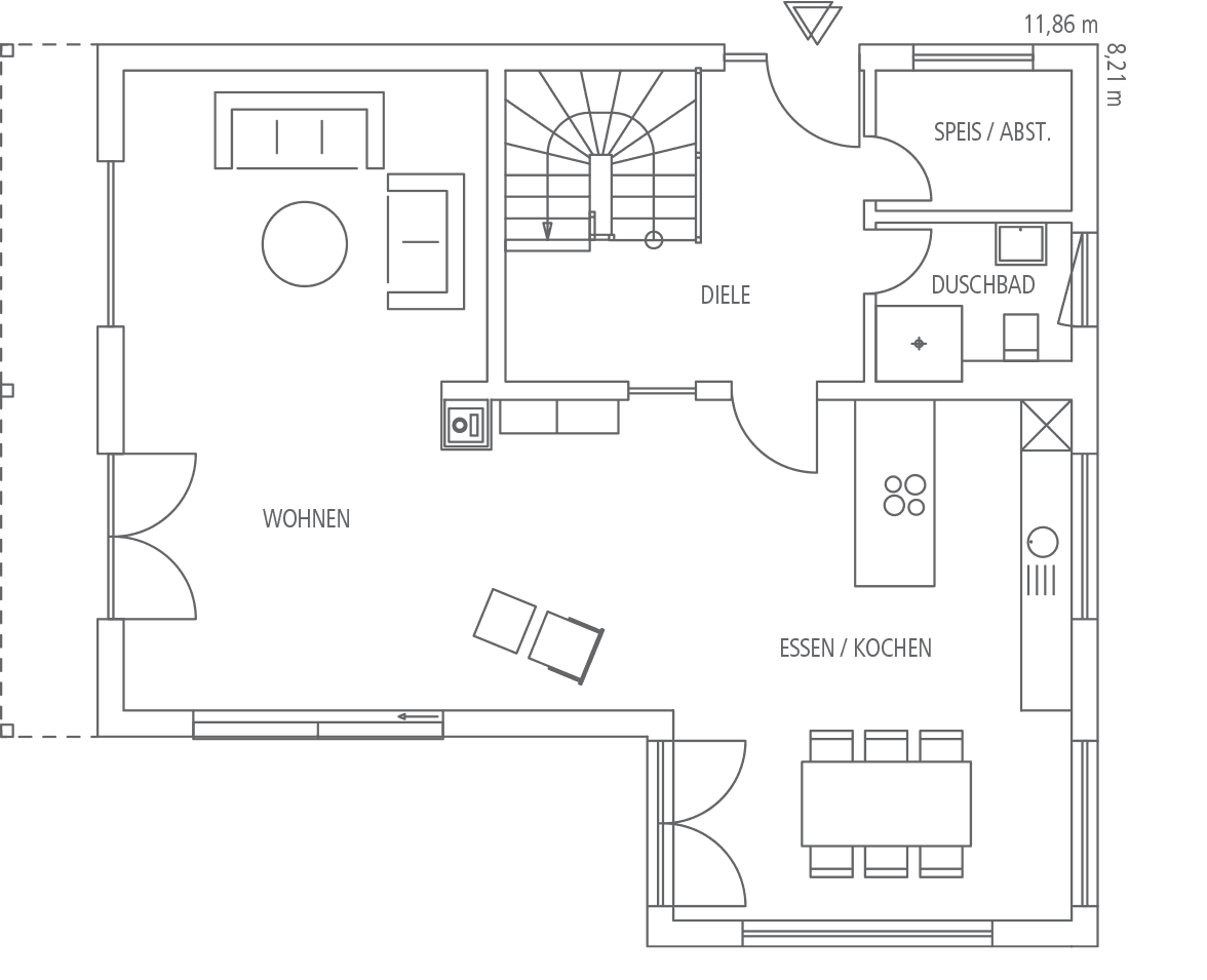 Grundriss eines Einfamilienhauses mit Wohn-, Ess-/Kochbereich, Diele, Speis, Duschbad und Treppenhaus.