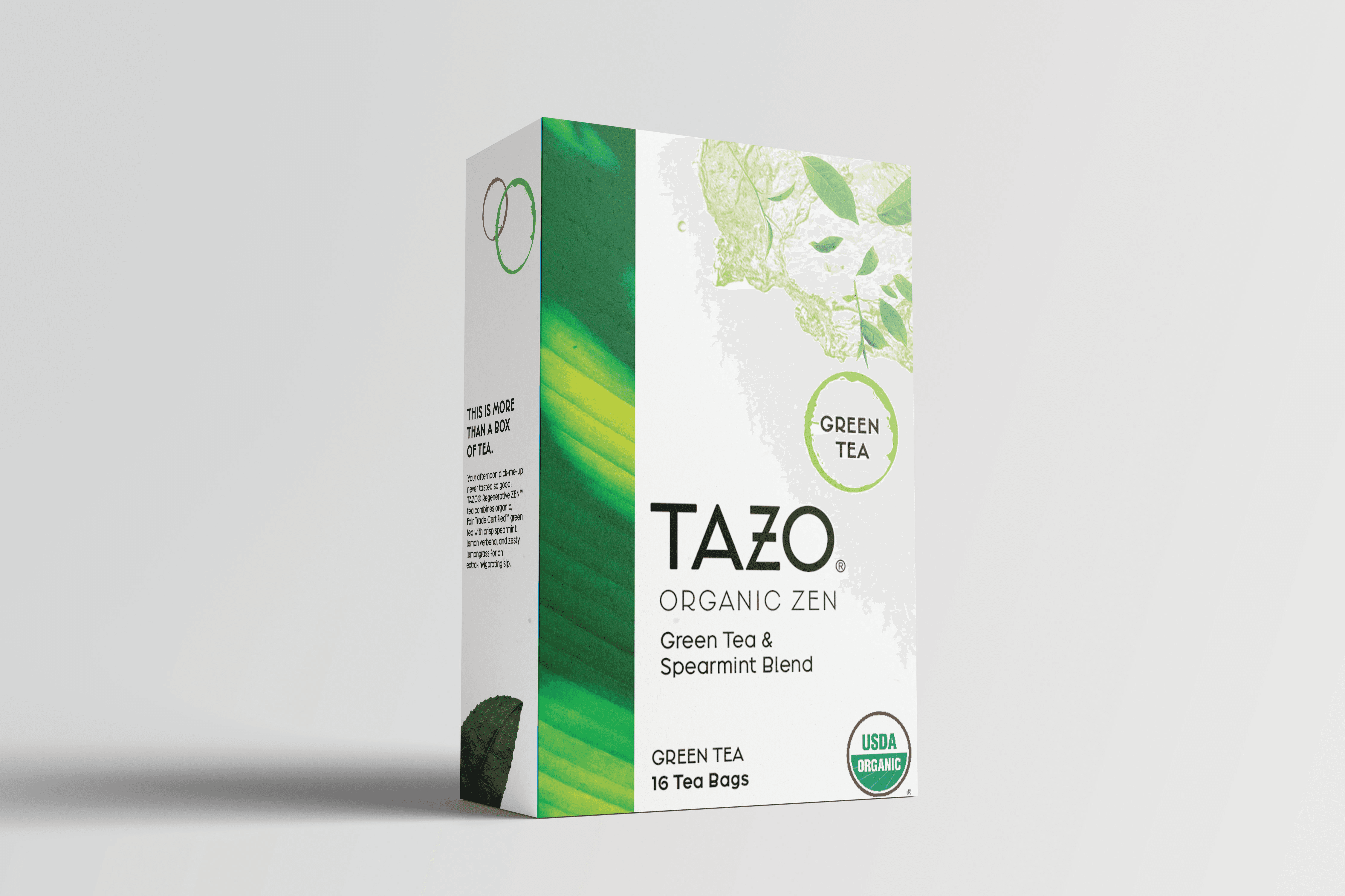 mockup of a Tazo Tea organic zen box with the front and side labels in display