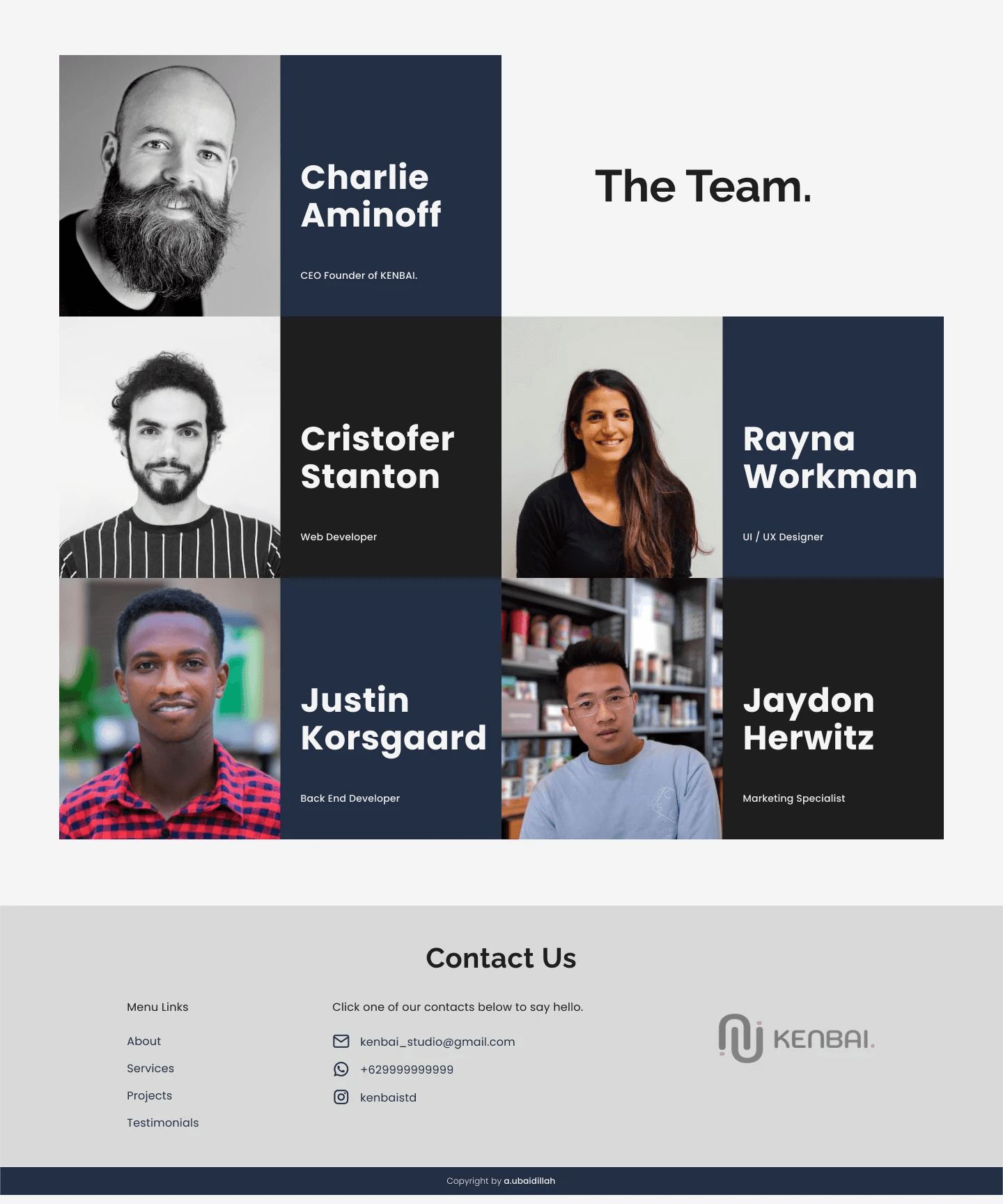 A team section and footer on about page