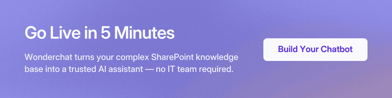 Go Live in 5 Minutes. Wonderchat turns your complex SharePoint knowledge base into a trusted AI assistant — no IT team required. Build Your Chatbot