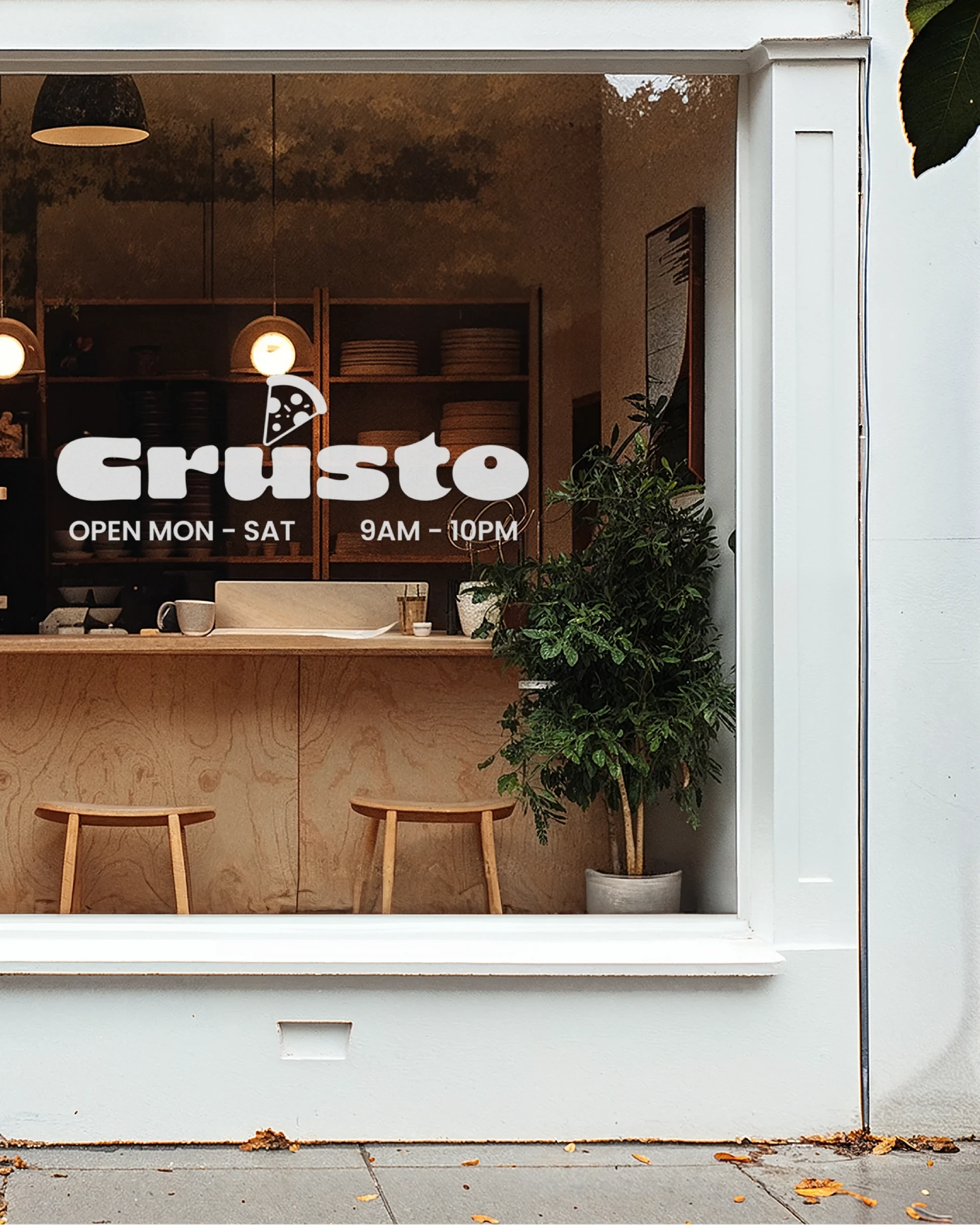 Crusto storefront window branding mockup
