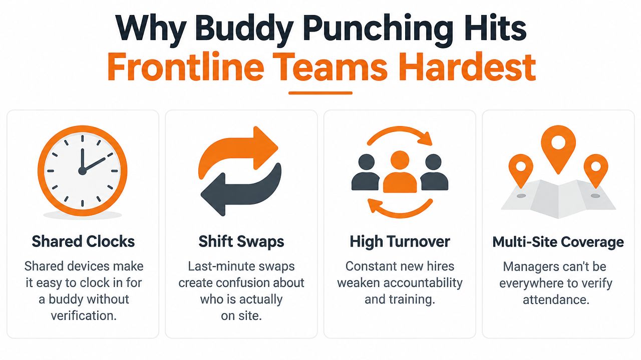 An infographic titled Why Buddy Punching Hits Frontline Teams Hardest, showing four common causes and icons.