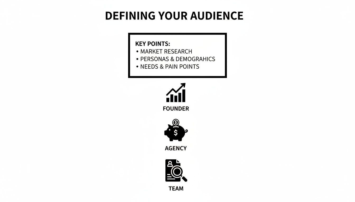 A slide outlining key points for defining an audience, including market research, personas, and pain points for founders, agencies, and teams.