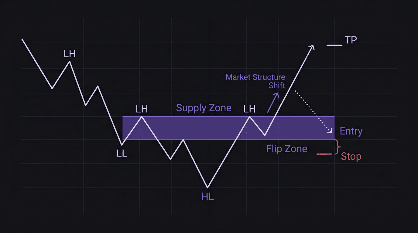 Diagram showing the supply-to-demand flip zone identification process with labeled price action