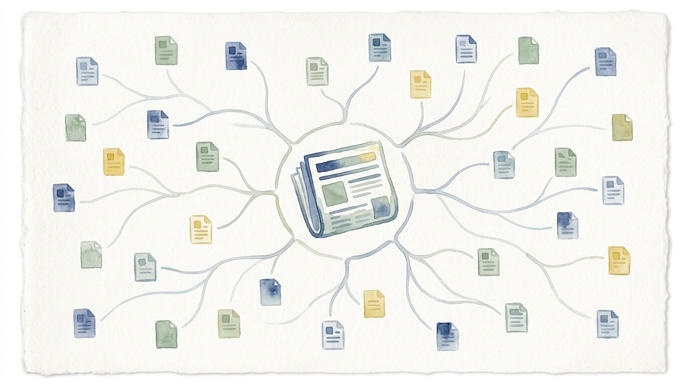 Watercolour diagram of a central newspaper linked by fine lines to dozens of small document icons, suggesting one process spread across many publications.