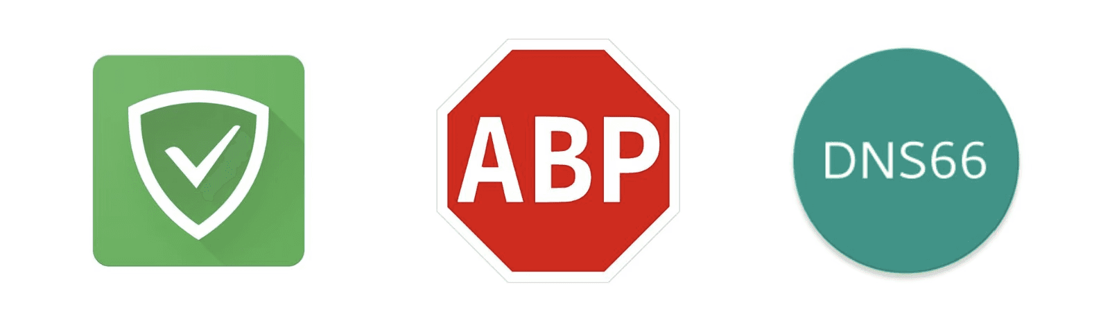 The logo of AdGuard, Adblock Plus, DNS66