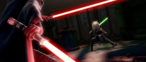 Ahsoka crouched with a single green lightsaber in front of a figure with two red lightsabers