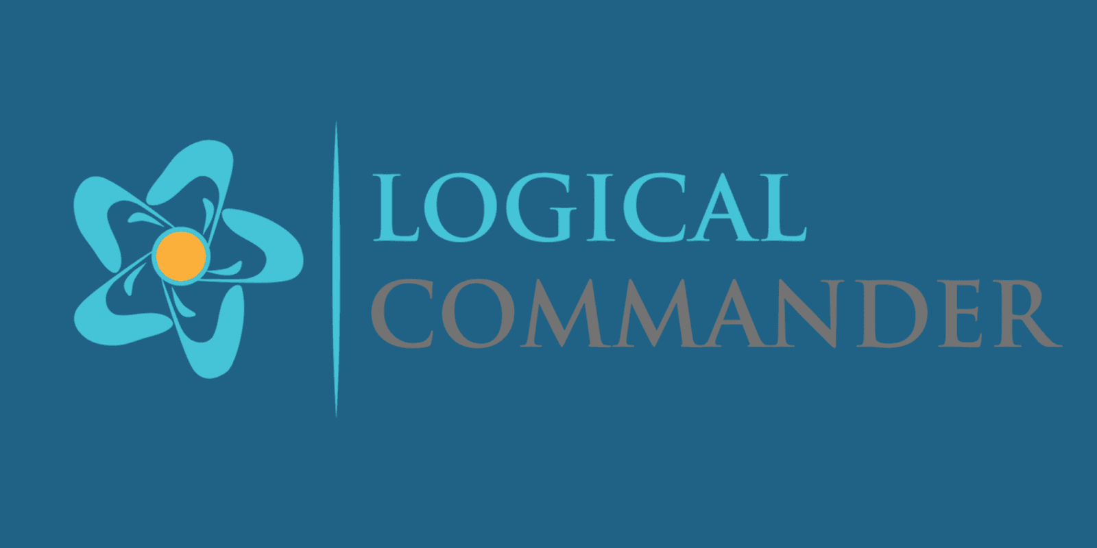 Logical Commander logo with abstract teal flower icon and text on blue background