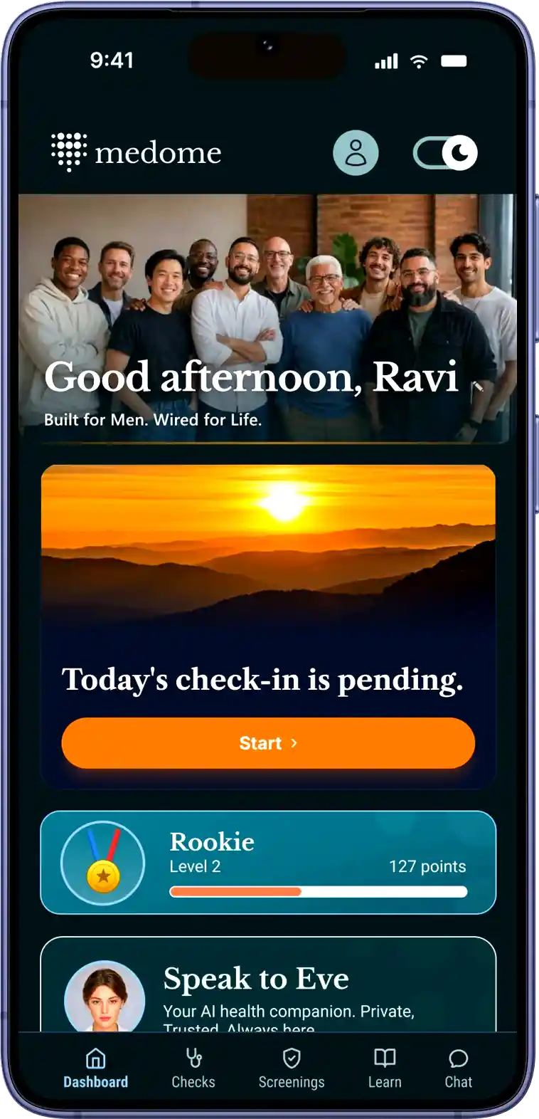 Medome Men app mockup shown on a phone screen